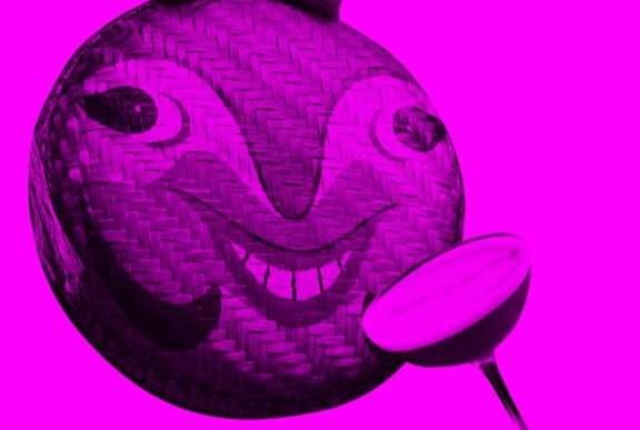 Graphic illustration of a purple orb drinking a martini.