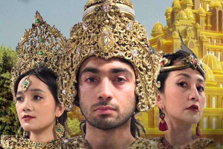 Three Indonesian people wearing elaborate gold headdresses.