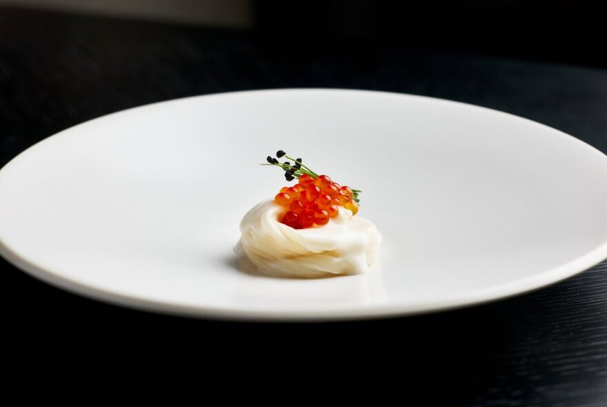 A large white plate holding a small round serving of white noodles topped with red caviar and a sprig of greenery.