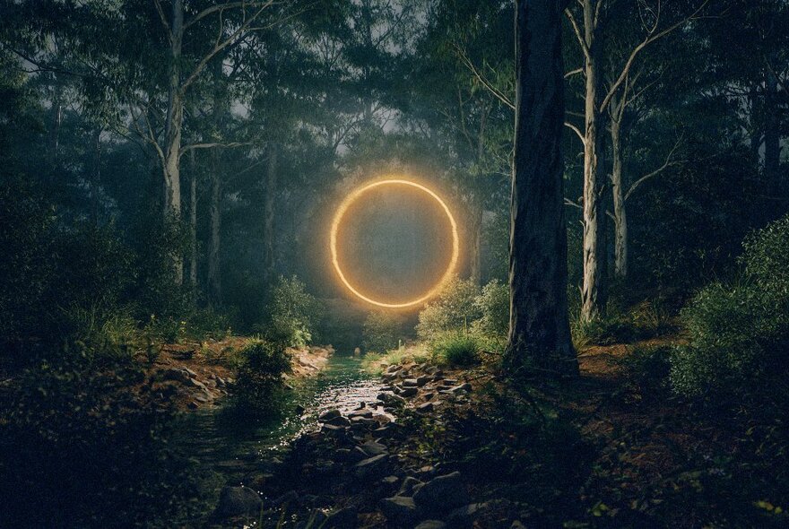 A glowing orb in a forest setting.