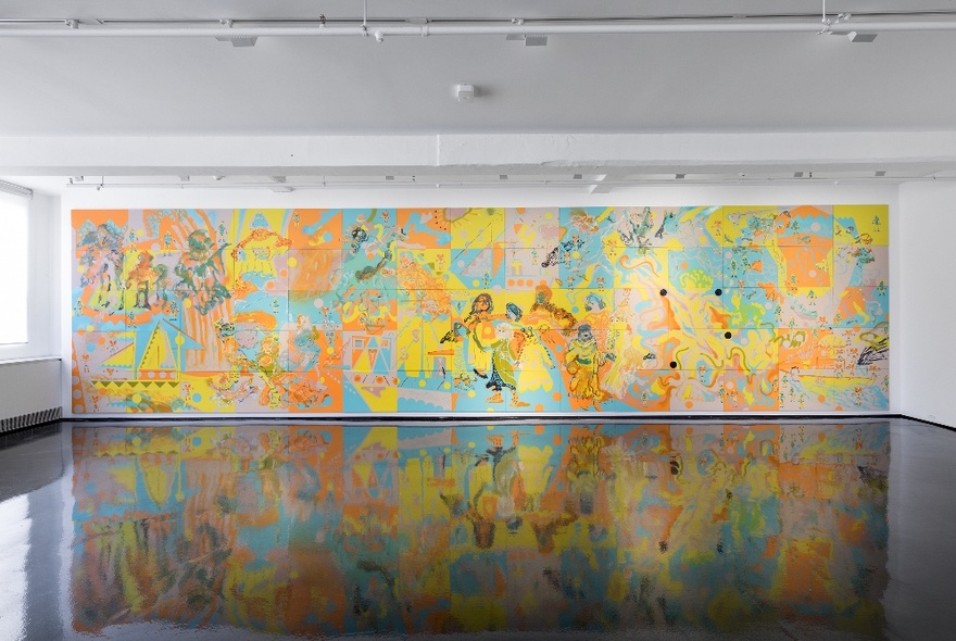 A large painted artwork made up of 75 panels taking up the entire wall at Tolarno Gallery.