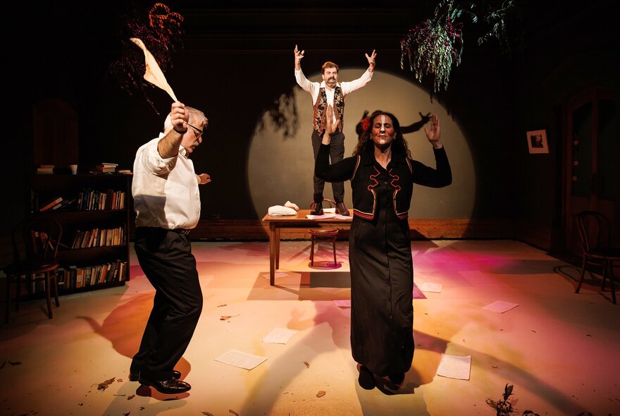 People performing a Greek dance in a stage production of Zorba's Last Dance.