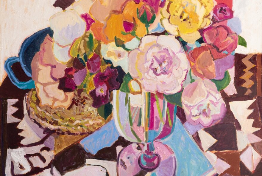 An abstract still life showing a face of assorted flowers. 