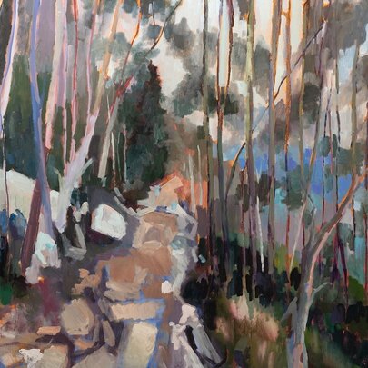 Semi-abstract landscape painting with light filtering through a eucalypt forest.