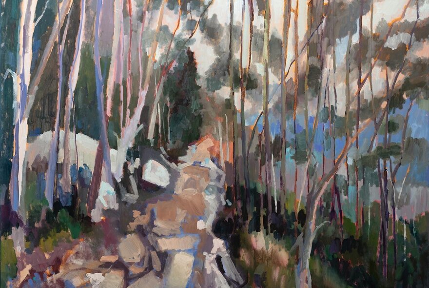 Semi-abstract landscape painting with light filtering through a eucalypt forest.