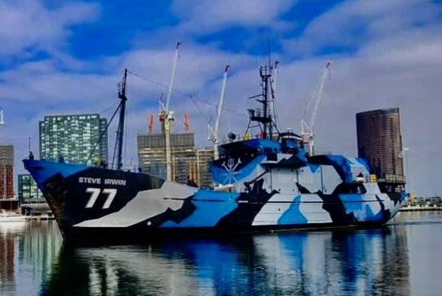 The MY Steve Irwin, formerly the flagship vessel for the Sea Shepherd Conservation Society, berthed in Melbourne's Victoria Harbour.