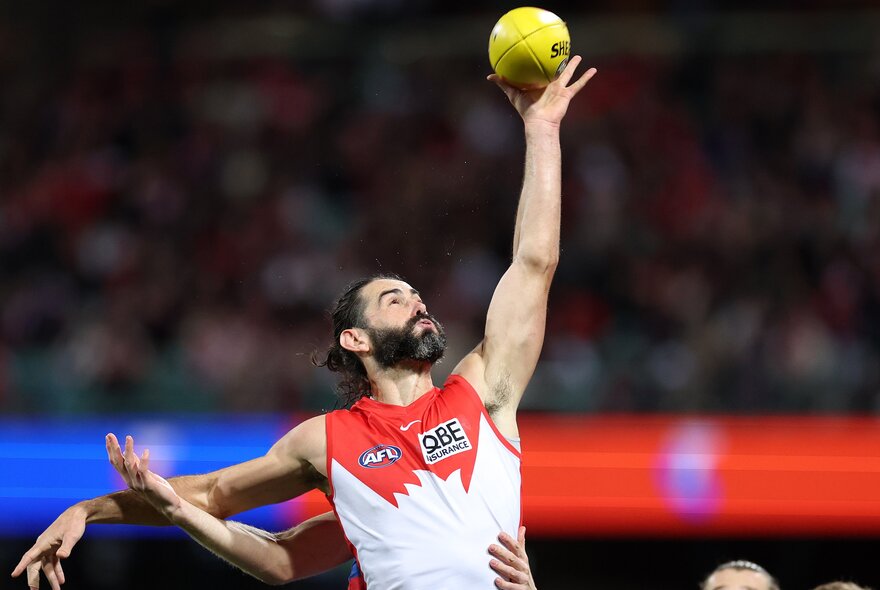 Brodie Grundy leaps in the air to tap a football for the Sydney Swans