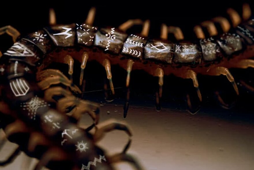 Close-up detail of a centipede with symbols painted in white on its exoskeleton.