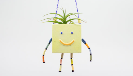 A hanging planter with a face and hand stitched arms and legs. The spiky plant looks like hair.