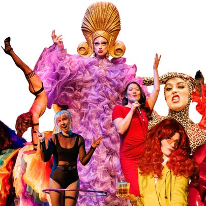 A vibrant collage of various cabaret performance artists, including drag queens and circus-style performers.