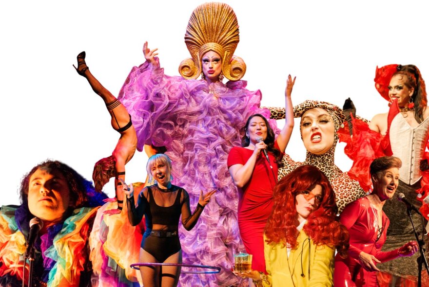 A vibrant collage of various cabaret performance artists, including drag queens and circus-style performers.