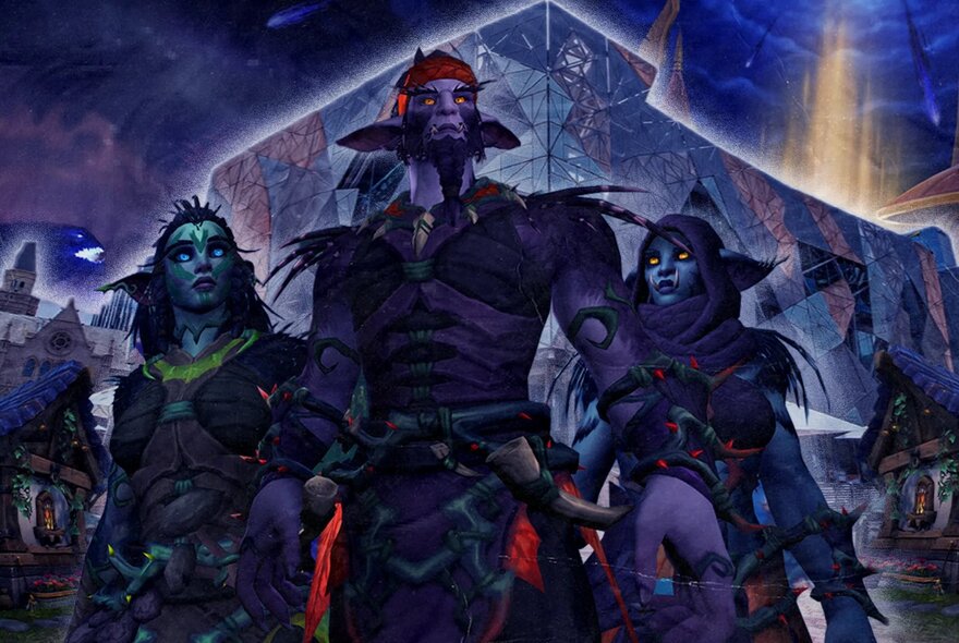 A promotional image for the game World of Warcraft, featuring three characters in the foreground. They have purple skin and stand in a fantasy setting with distinctive Fed Square architecture in the background.