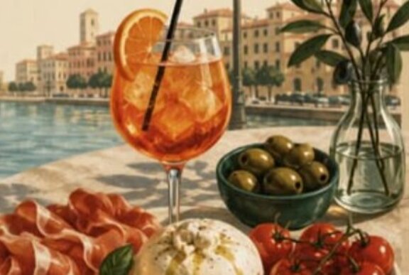 Vintage illustration of spritz and aperitivi beside a Venetian canal.