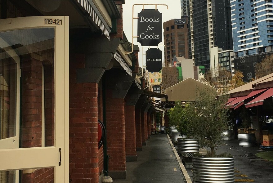 Outside entrance to Books For Cooks store at Queen Victoria Market.