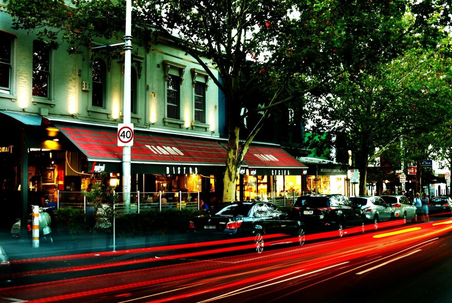 Exterior of Tiamo seen from across the road at dusk.