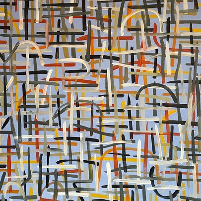 An abstract artwork with red, white, black and yellow lines.