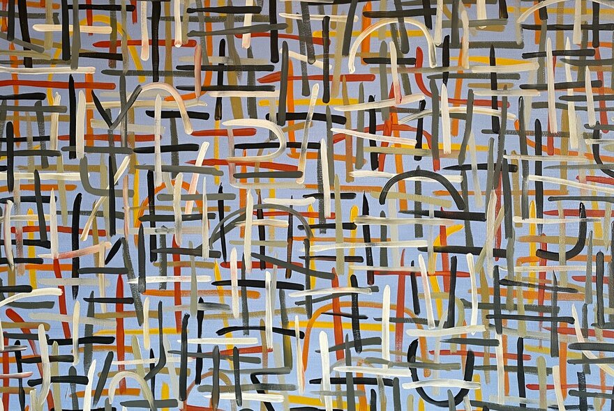 An abstract artwork with red, white, black and yellow lines.