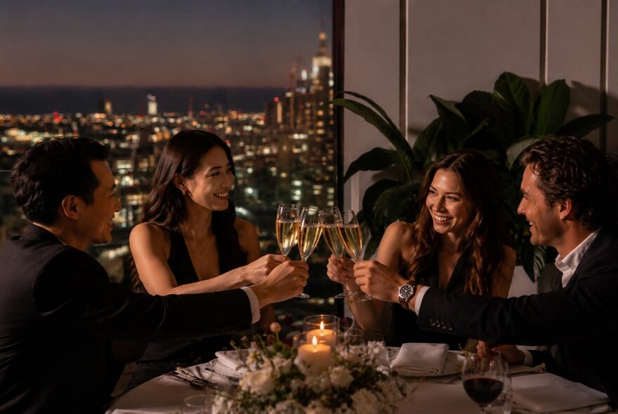 A group of people toasting with champagne at a dining table with a view of Melbourne at night in the background. 