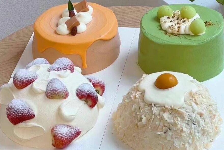 Four differed small and perfect cakes. 