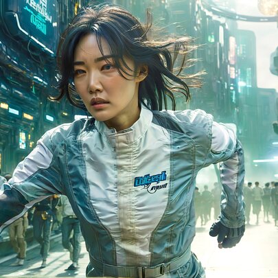 A still from a futuristic looking film showing a woman in a green suit running down a green toned streer. 