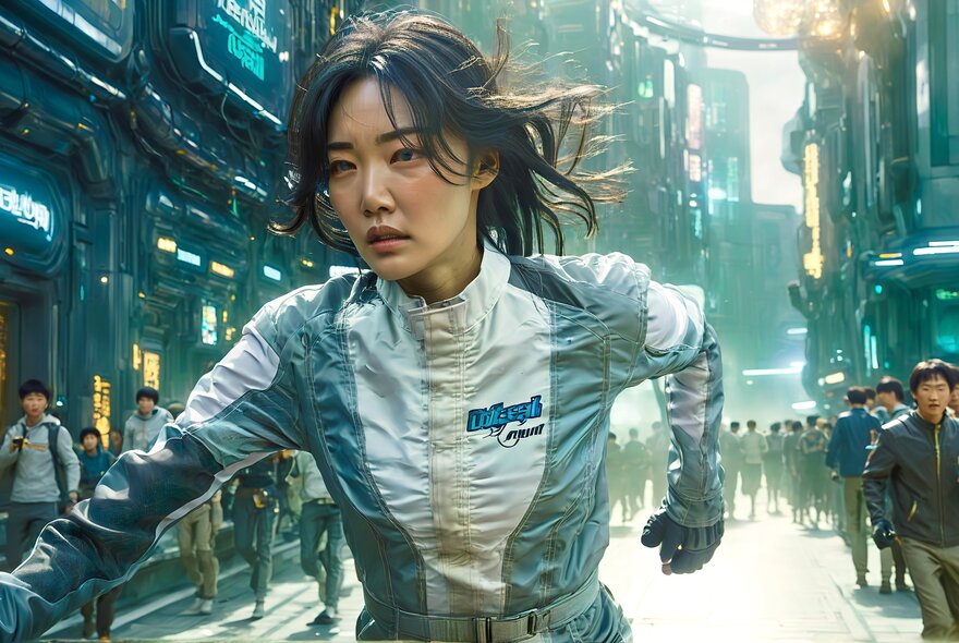 A still from a futuristic looking film showing a woman in a green suit running down a green toned streer. 