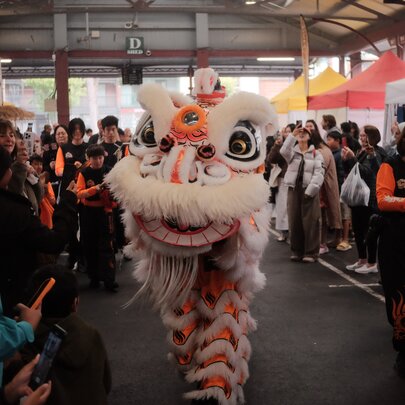 A traditional dragon dance with onlookers in a public outdoor space.
