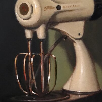 Oil painting of a vintage Sunbeam mixer, casting a shadow on a green wall.