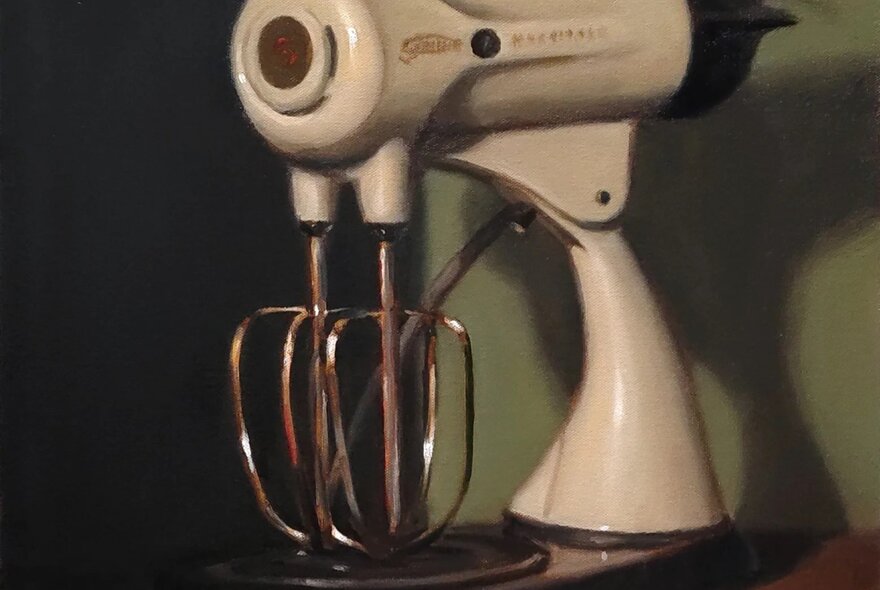 Oil painting of a vintage Sunbeam mixer, casting a shadow on a green wall.