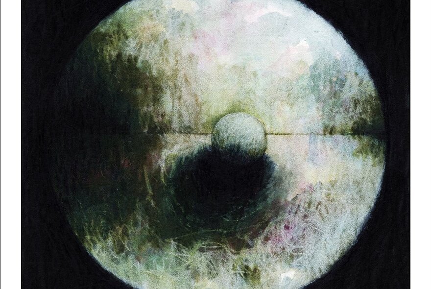 A shadowy drawing of a small dark coloured sphere against a larger white circle.