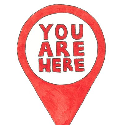 A red place marker with the words, 'You Are Here' in the white centre.