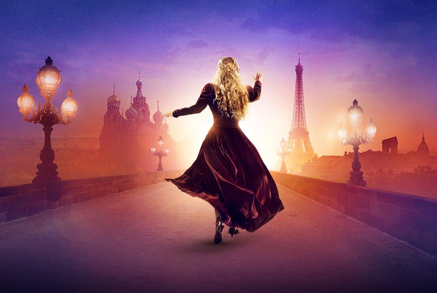 A woman with long blonde hair in a flowing maroon dress, walking down a colourful depiction of a bridge in Paris.