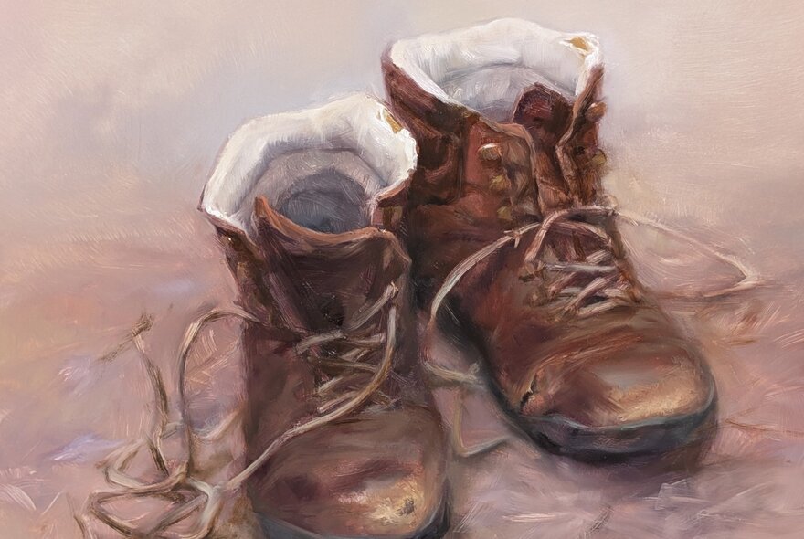 A painting of two well worn old brown books with long laces. 