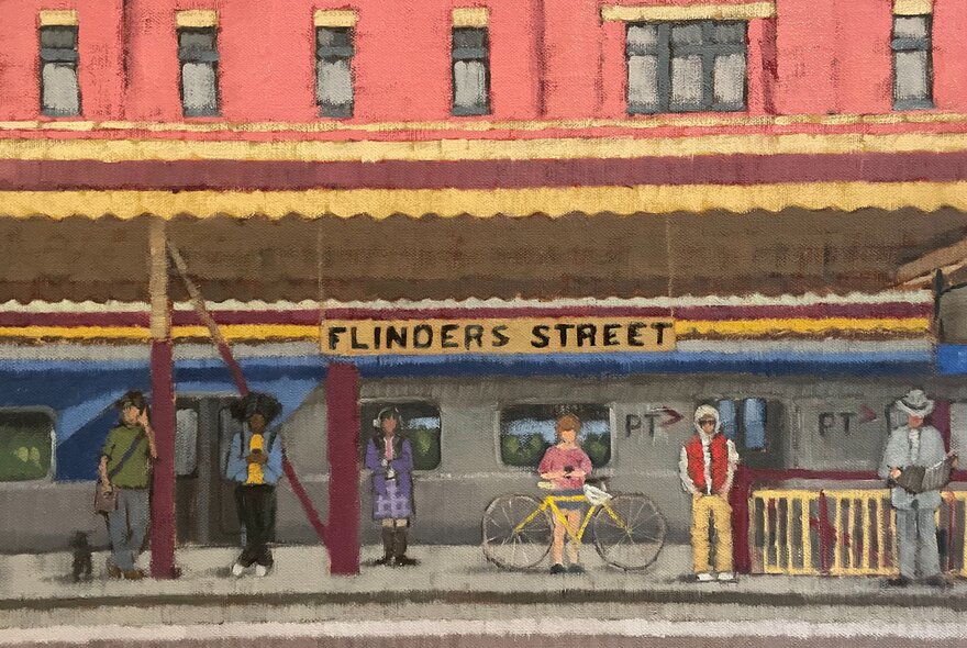 Painting of commuters waiting on the train platform at Flinders St Station.