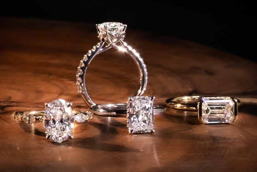 Four diamond rings on a marble surface.