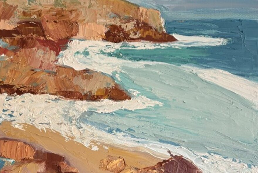 A oil painting of a rocky coastline and ocean.