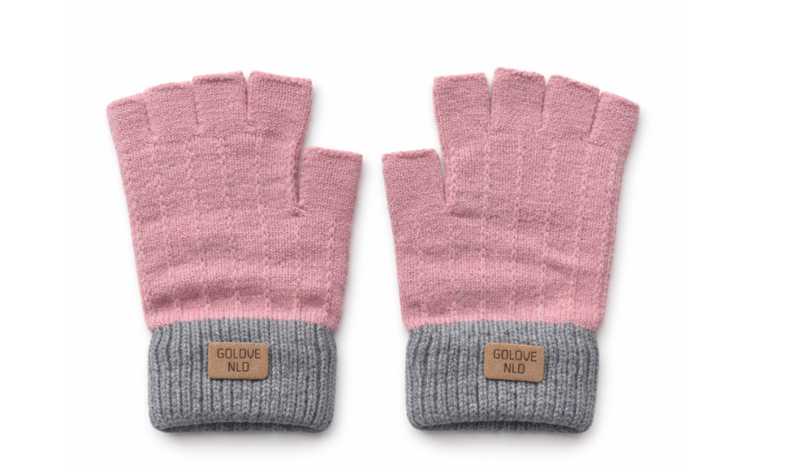 A pair of pink knitted fingerless gloves with grey cuffs.