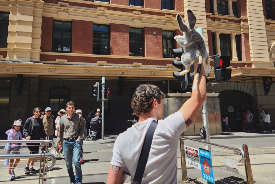Tour leader holding up a soft toy, standing at an intersection near Flinders Street Station in Melbourne. 