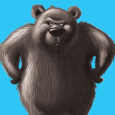 An illustration from the book The Very Cranky Bear, showing a black bear with hands on hips  looking cranky against a blue background. 