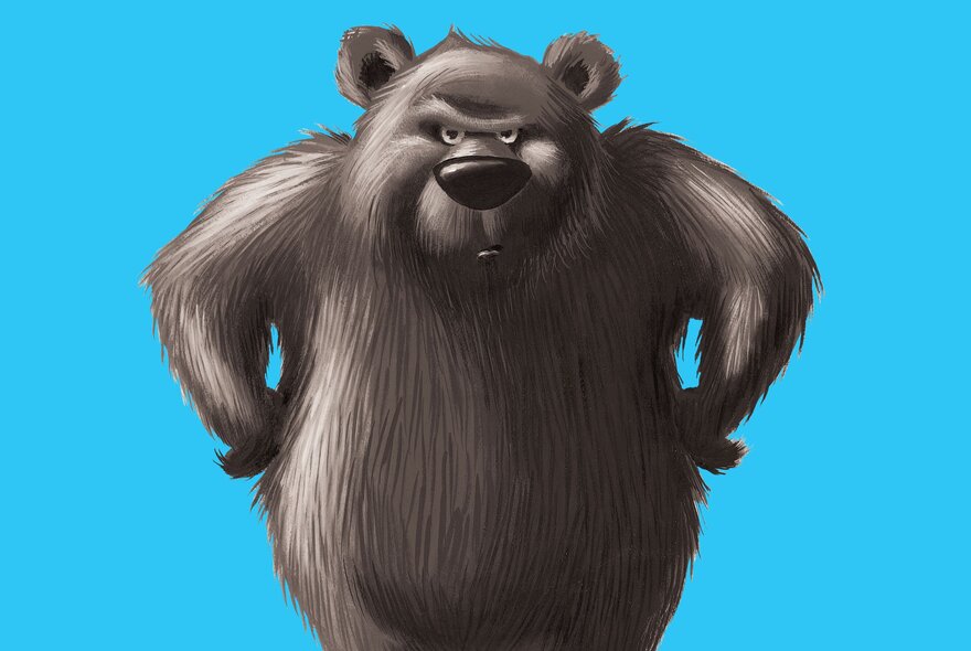 An illustration from the book The Very Cranky Bear, showing a black bear with hands on hips  looking cranky against a blue background. 
