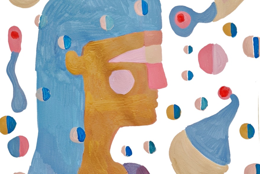 Illustration of a face in profile with circles of blue and beige.