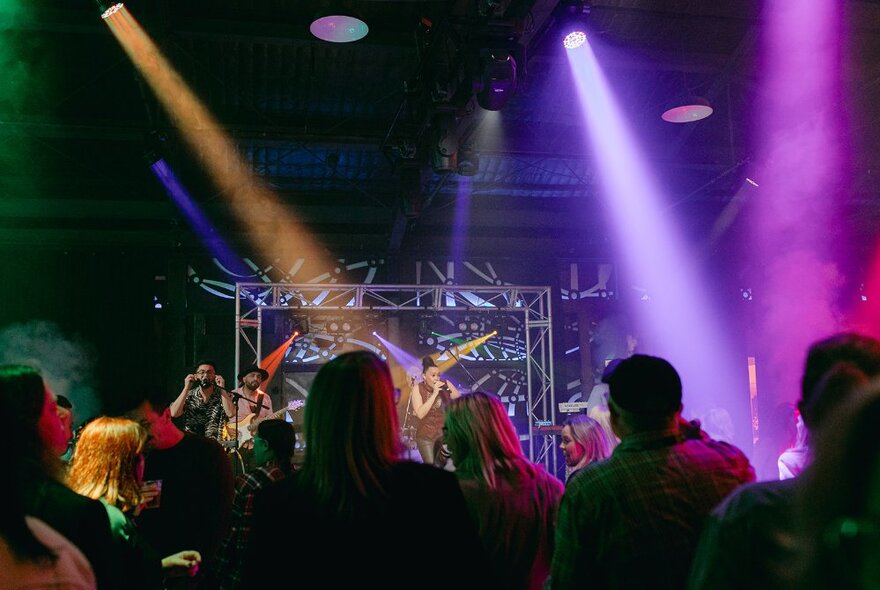 Silhouettes of people in a concert setting with coloured laser lights on the performers on stage. 