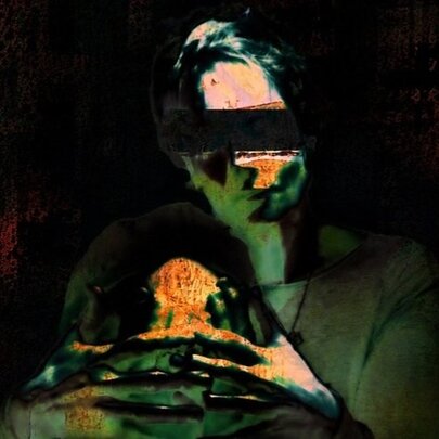 A distorted, dark painting of a figure whose eyes are obscured by a thick black rectangular bar, cradling a person's head close to their chest.
