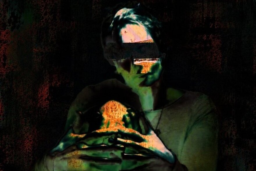 A distorted, dark painting of a figure whose eyes are obscured by a thick black rectangular bar, cradling a person's head close to their chest.