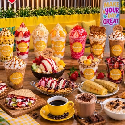 An assortment of colourful layered fruit smoothies, loaded açaí bowls, dessert cups, waffles, and hot drinks.
