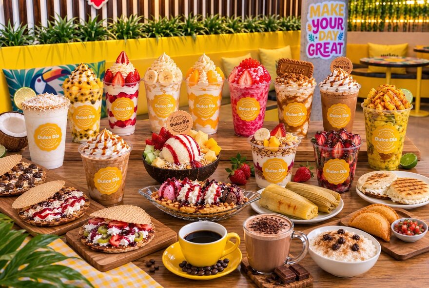 An assortment of colourful layered fruit smoothies, loaded açaí bowls, dessert cups, waffles, and hot drinks.