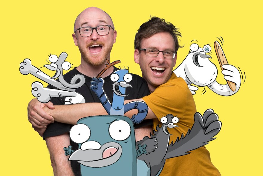 Two children's book authors with cartoon figures drawn around them.