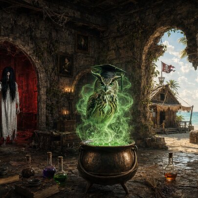 An escape room illustrated background showing a green cauldron and island scenes in the background. 