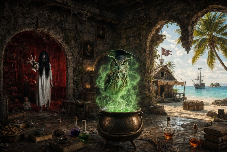 An escape room illustrated background showing a green cauldron and island scenes in the background. 