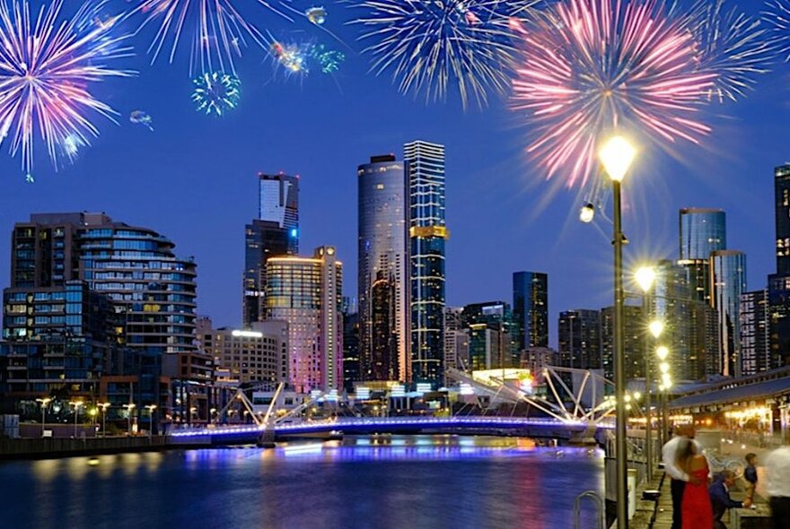 Fireworks over the city skyline of Melbourne.