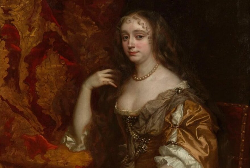 Stuart-era portrait of a woman with plunging neckline, ruffled gown and curled fringe.